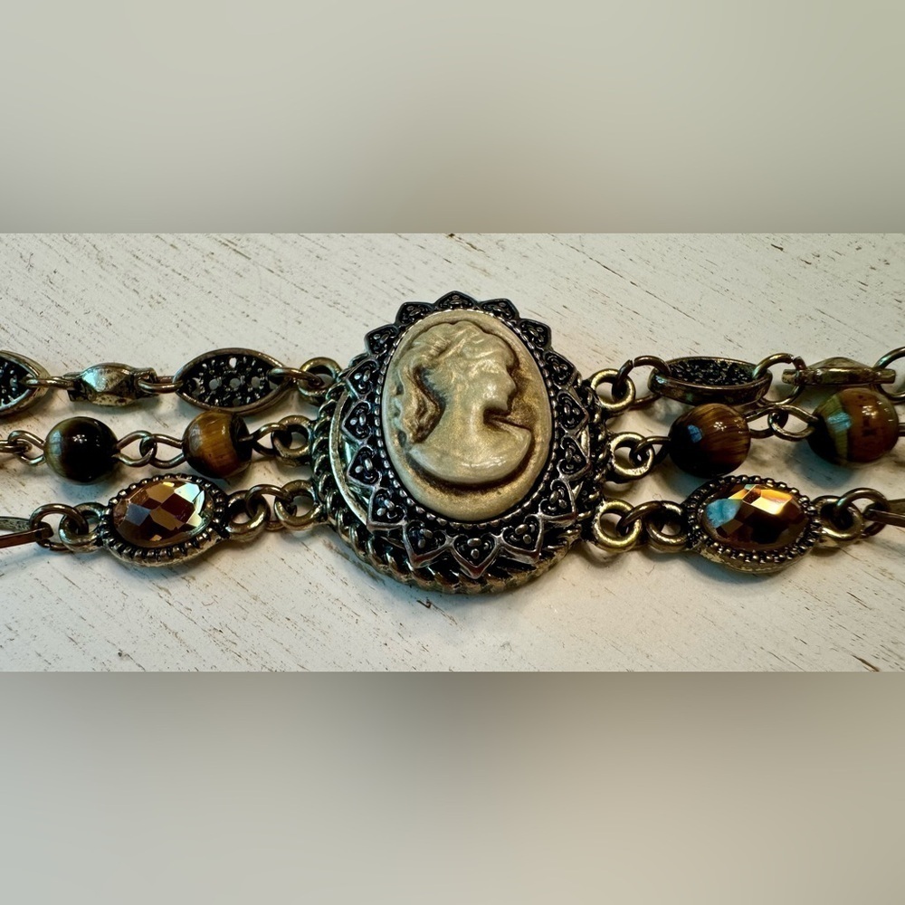 Vintage Viking Cameo Bracelet Brown Stones Gems Three Strands Helm of Awe Charm